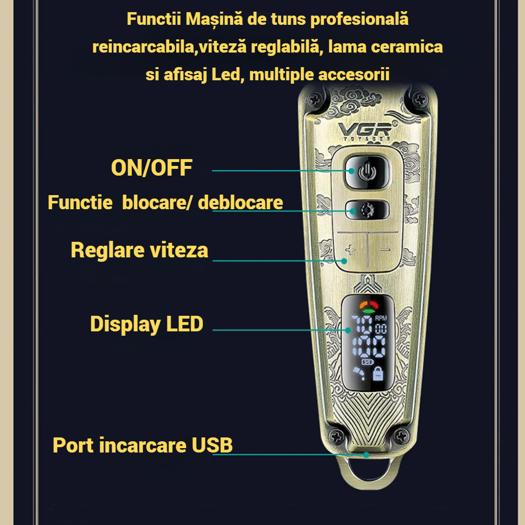 Mașină de tuns profesională reincarcabila,viteză reglabilă, lama ceramica si afisaj Led, multiple accesorii