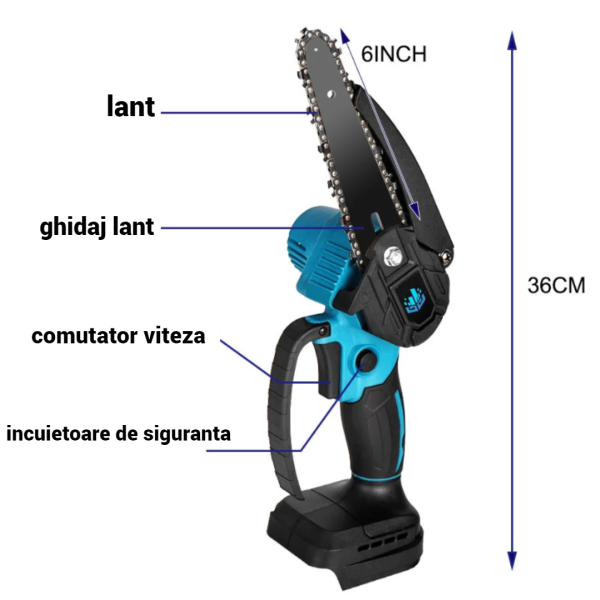 Mini drujba cu 2 lanturi, fara fir, lama 6 inch, portabil, 1 acumulator