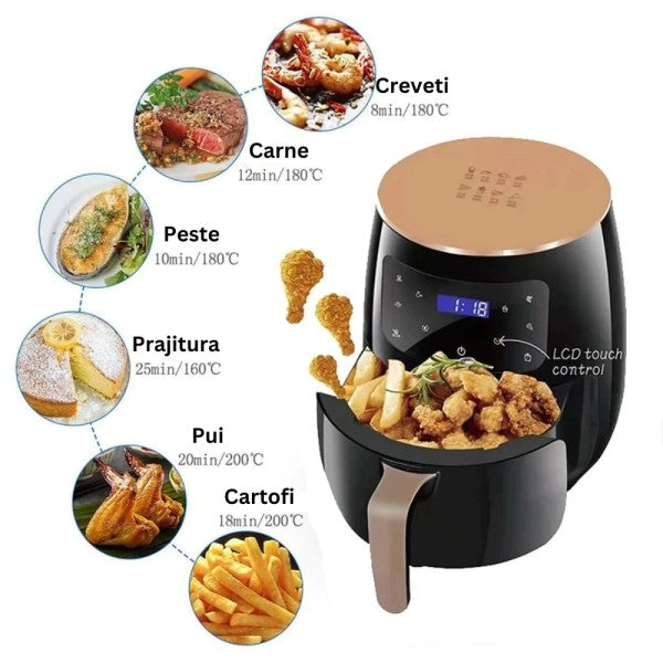 Pachet! Friteuza cu aer cald Air Fryer, fara ulei, 2400W, 6L si afisaj digital + Farfurie din silicon pentru friteuza